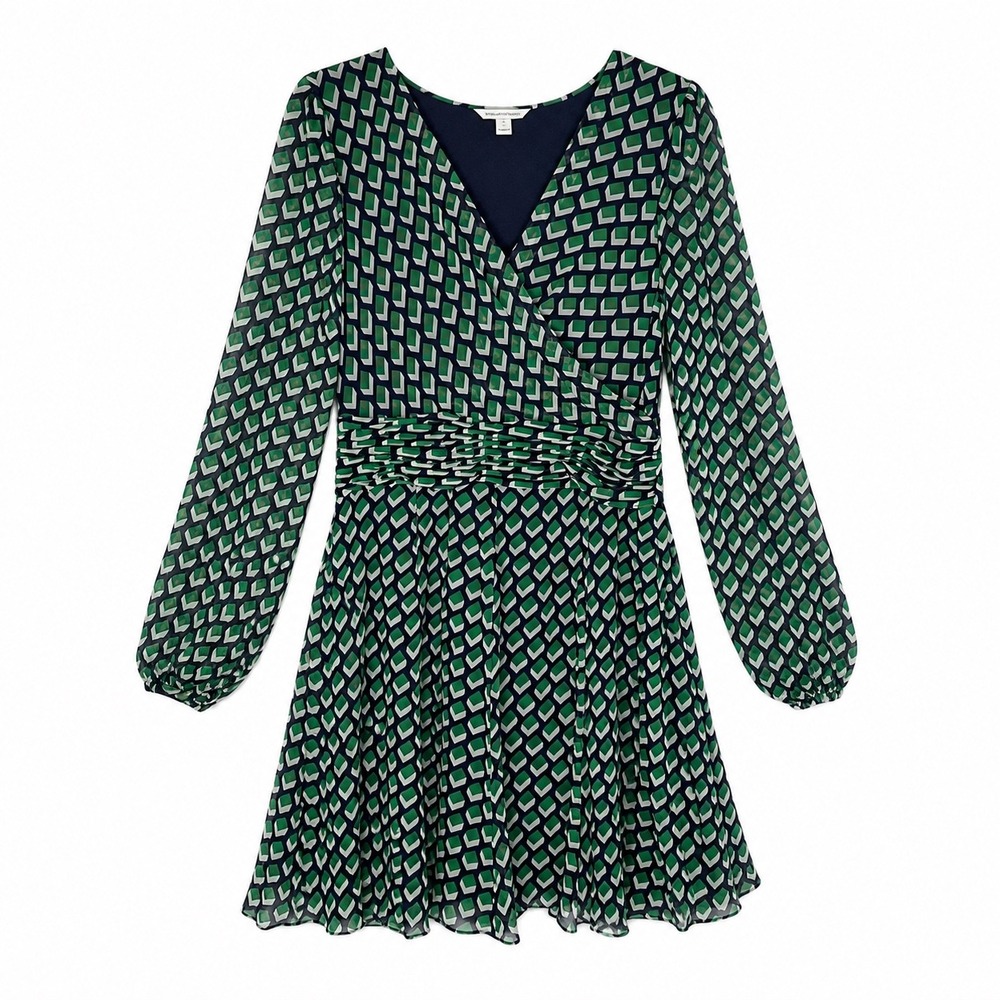 Diane von Furstenberg Ashlynn Dress Size 14 Green Navy Silk Geometric Mini